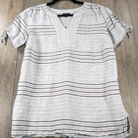 Talbots Top Womens Medium Gray Reef Striped 100% Linen Split Neck Tie Sleeve - Picture 1 of 9